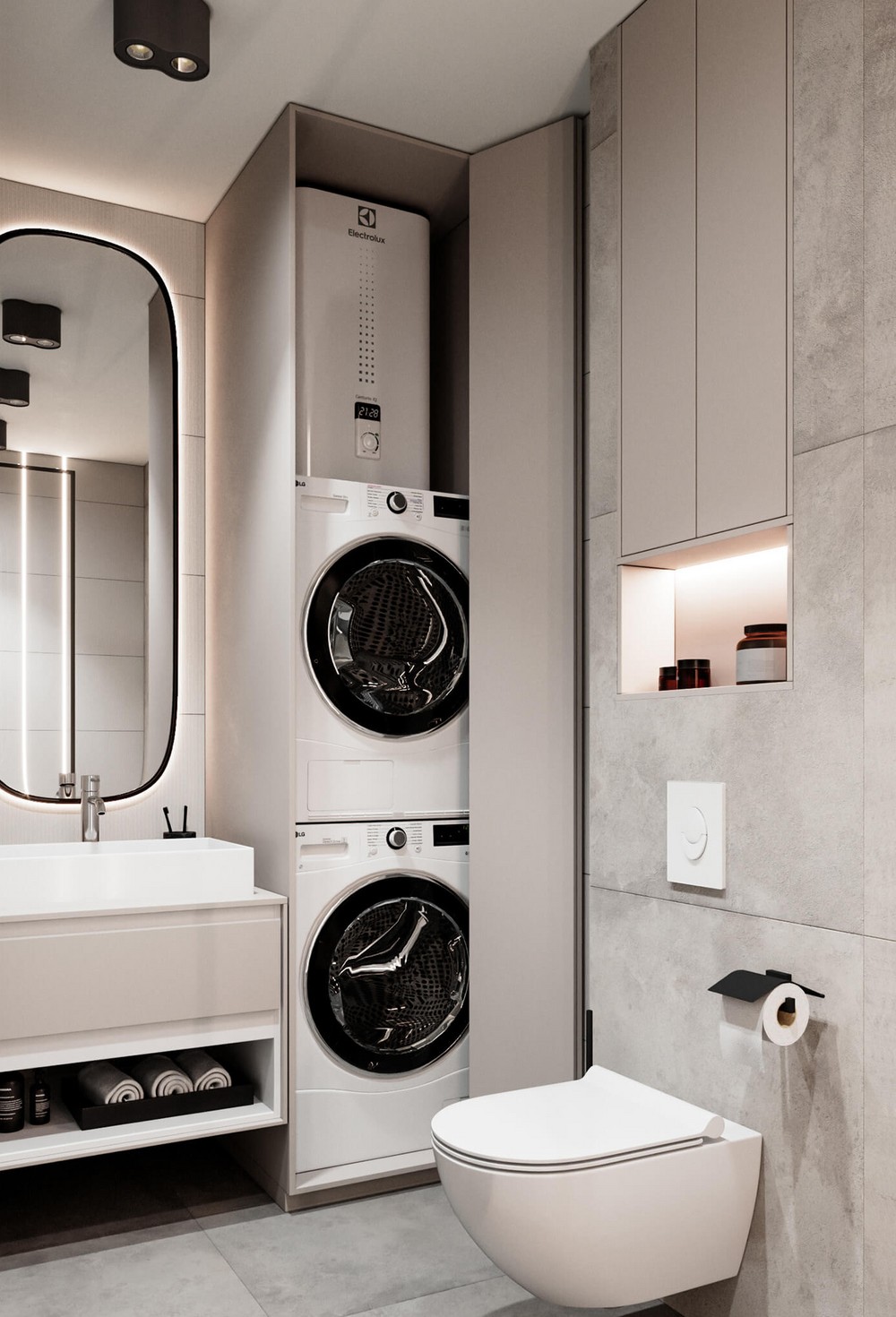 Интересный вариант размещения стиральной машинки и сушилки в пенале с дверками.